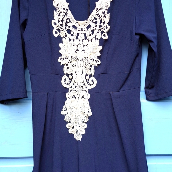 Adorable Navy Dress w/ White Embroidered Style Lace - Picture 2 of 6